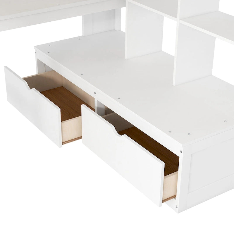 White Full Size Solid Wood Loft Bed with Desk Shelves and Drawers