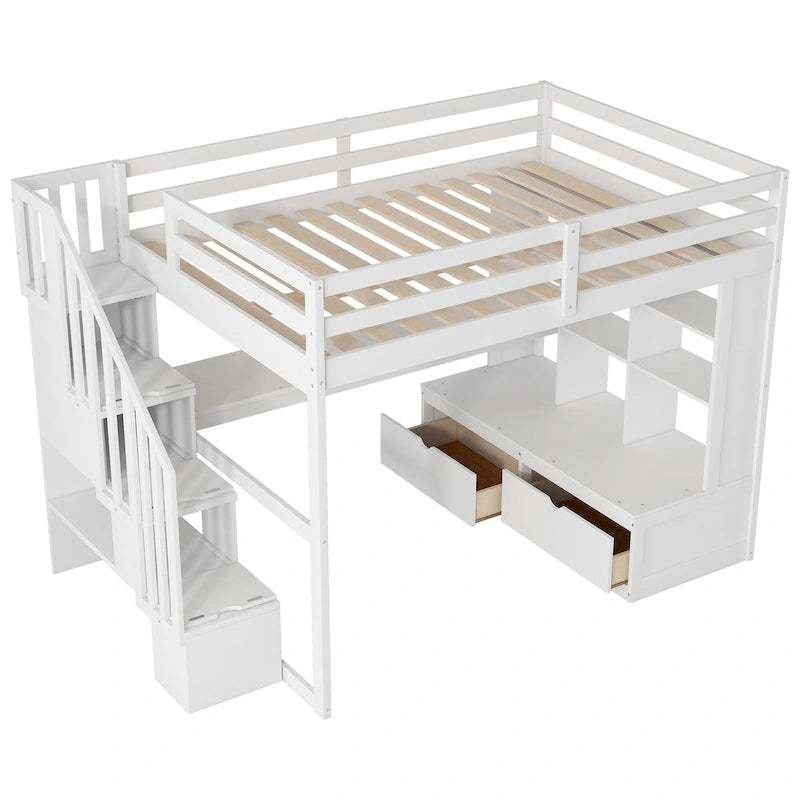 White Full Size Solid Wood Loft Bed with Desk Shelves and Drawers