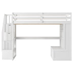 White Full Size Solid Wood Loft Bed with Desk Shelves and Drawers