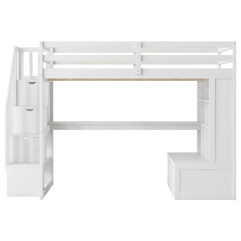 White Full Size Solid Wood Loft Bed with Desk Shelves and Drawers