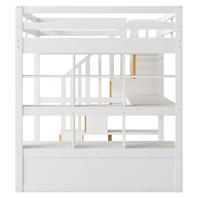 White Full Size Solid Wood Loft Bed with Desk Shelves and Drawers