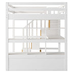 White Full Size Solid Wood Loft Bed with Desk Shelves and Drawers