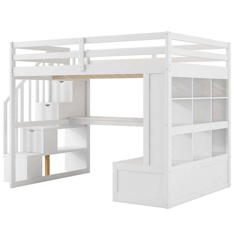 White Full Size Solid Wood Loft Bed with Desk Shelves and Drawers