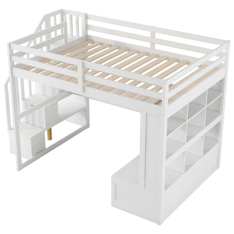White Full Size Solid Wood Loft Bed with Desk Shelves and Drawers