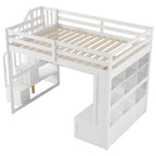 White Full Size Solid Wood Loft Bed with Desk Shelves and Drawers