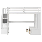 White Full Size Solid Wood Loft Bed with Desk Shelves and Drawers