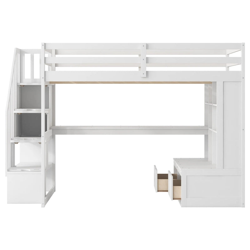 White Full Size Solid Wood Loft Bed with Desk Shelves and Drawers