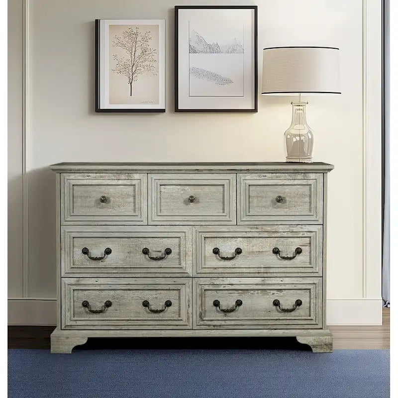 7-Drawer Horizontal Dresser with Vintage Embossed Design and Metal Slides