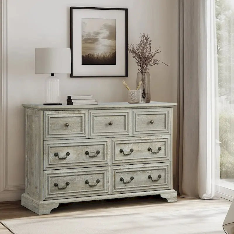 7-Drawer Horizontal Dresser with Vintage Embossed Design and Metal Slides
