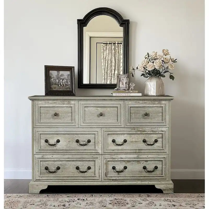 7-Drawer Horizontal Dresser with Vintage Embossed Design and Metal Slides