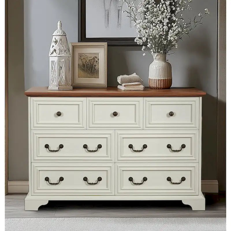 7-Drawer Horizontal Dresser with Vintage Embossed Design and Metal Slides