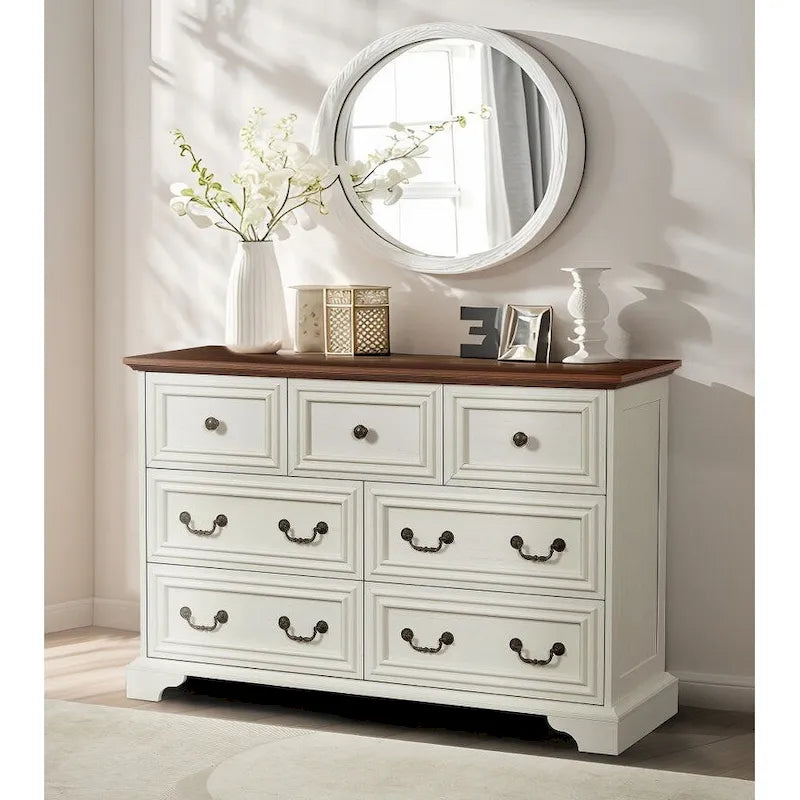 7-Drawer Horizontal Dresser with Vintage Embossed Design and Metal Slides