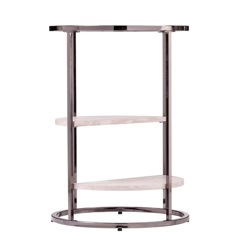 Round Glass Top Side Table with Faux Stone Shelves and Metal Frame