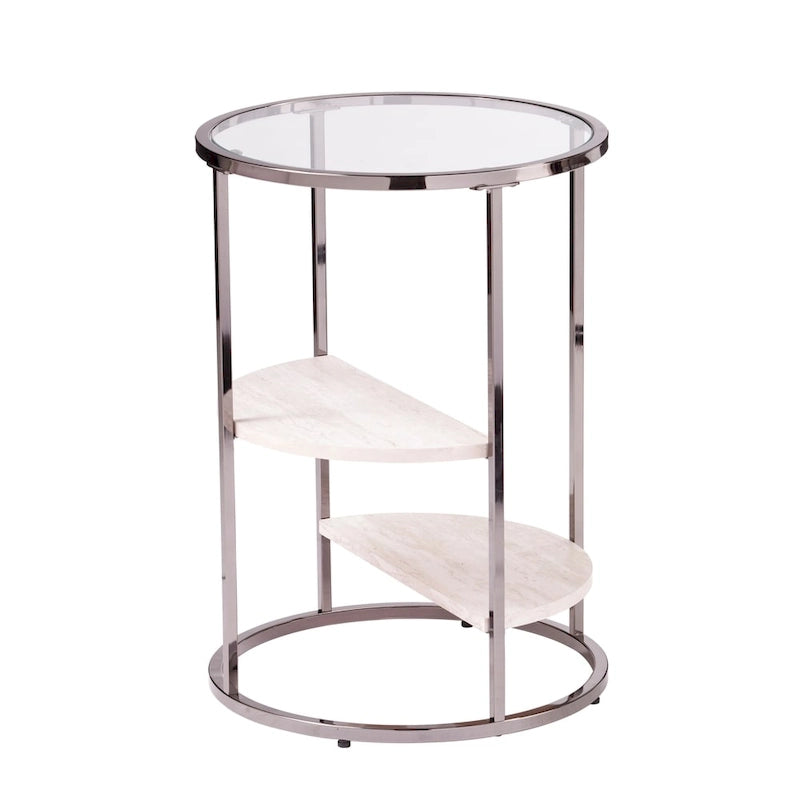 Round Glass Top Side Table with Faux Stone Shelves and Metal Frame