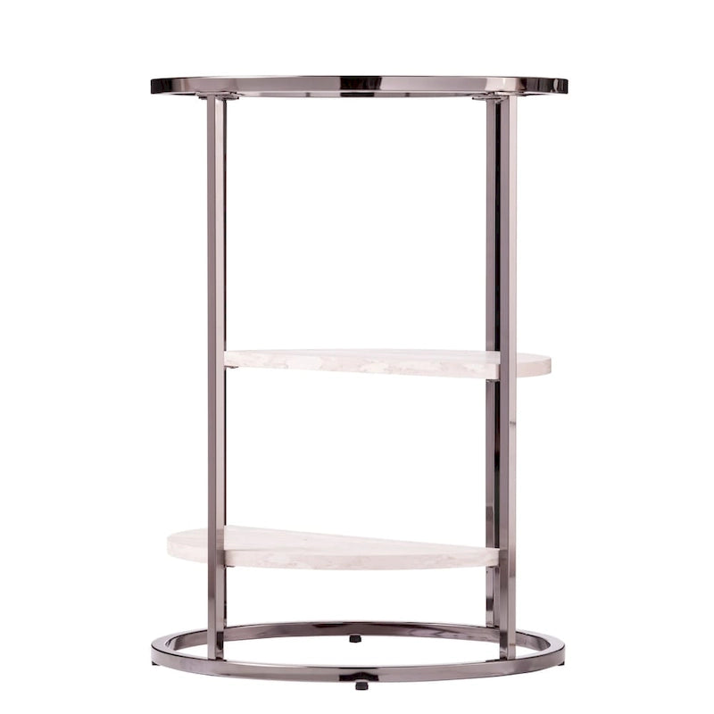 Round Glass Top Side Table with Faux Stone Shelves and Metal Frame