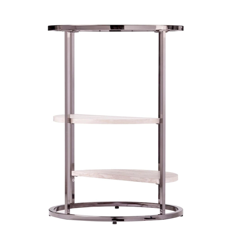Round Glass Top Side Table with Faux Stone Shelves and Metal Frame