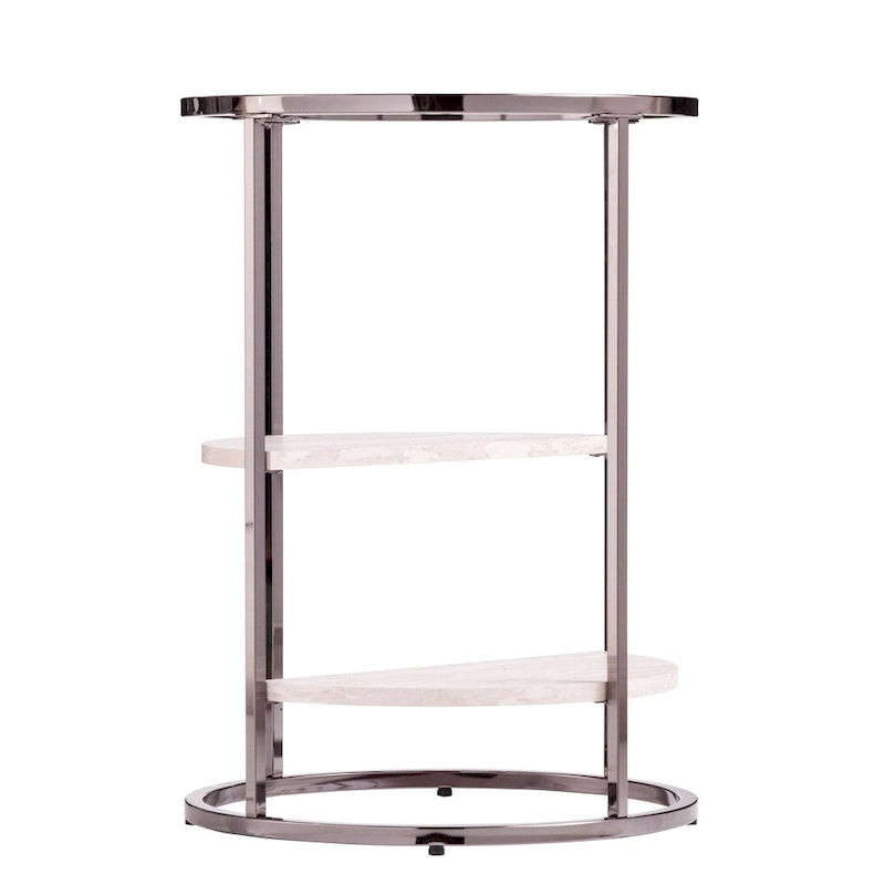 Round Glass Top Side Table with Faux Stone Shelves and Metal Frame