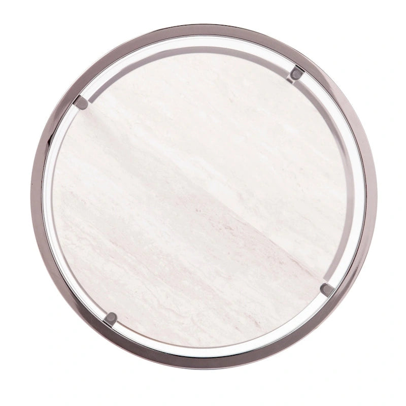 Round Glass Top Side Table with Faux Stone Shelves and Metal Frame