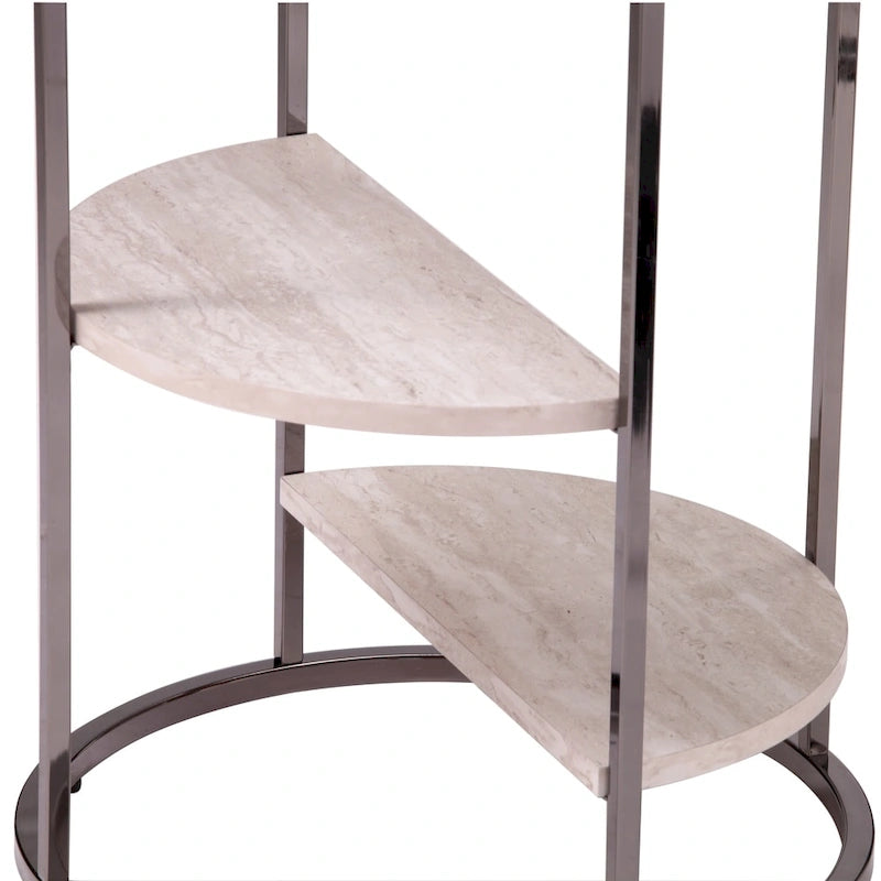 Round Glass Top Side Table with Faux Stone Shelves and Metal Frame