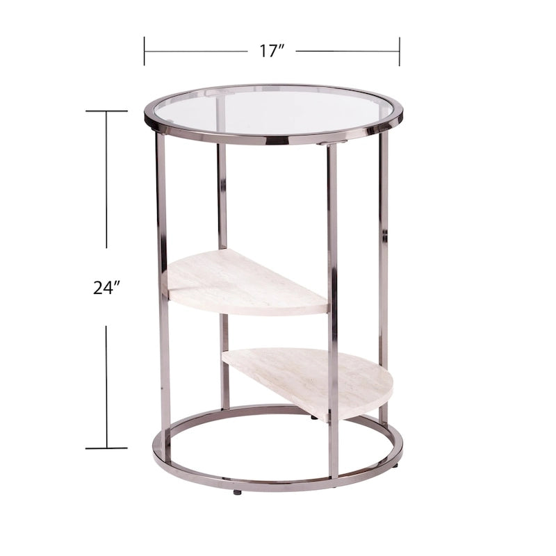 Round Glass Top Side Table with Faux Stone Shelves and Metal Frame