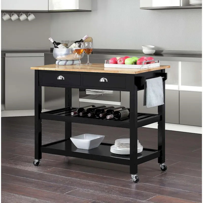 3-Tier Butcher Block Kitchen Cart with Drawers and Wine Rack