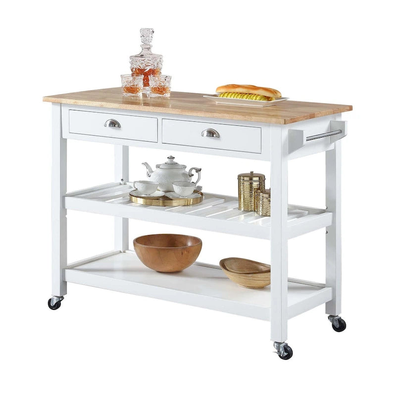3-Tier Butcher Block Kitchen Cart with Drawers and Wine Rack