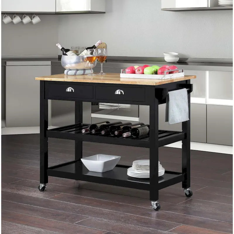 3-Tier Butcher Block Kitchen Cart with Drawers and Wine Rack