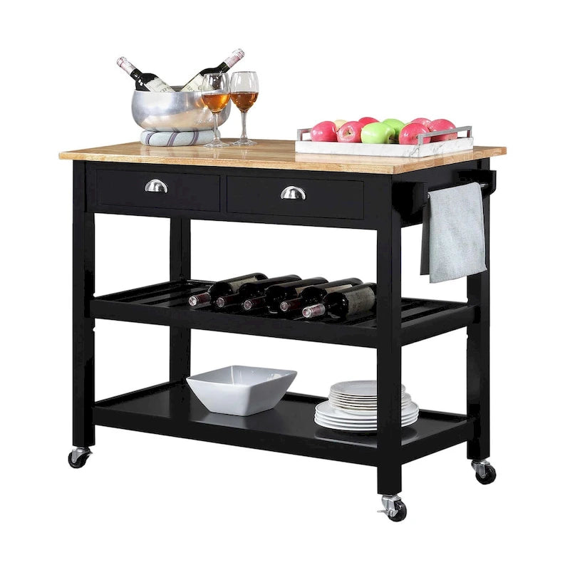 44-Inch Solid Wood Butcher Block Kitchen Cart with Wine Rack