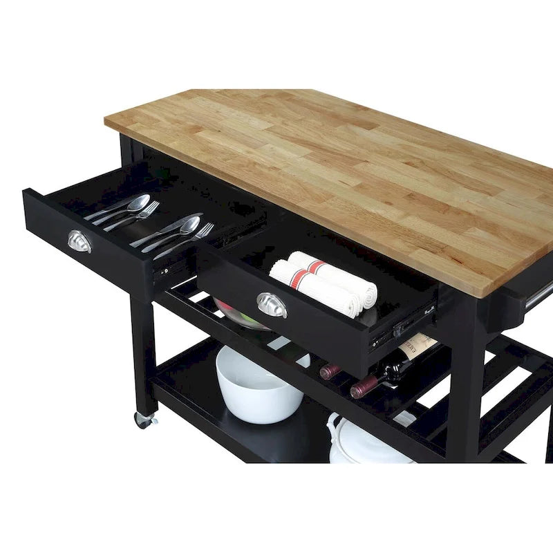 44-Inch Solid Wood Butcher Block Kitchen Cart with Wine Rack
