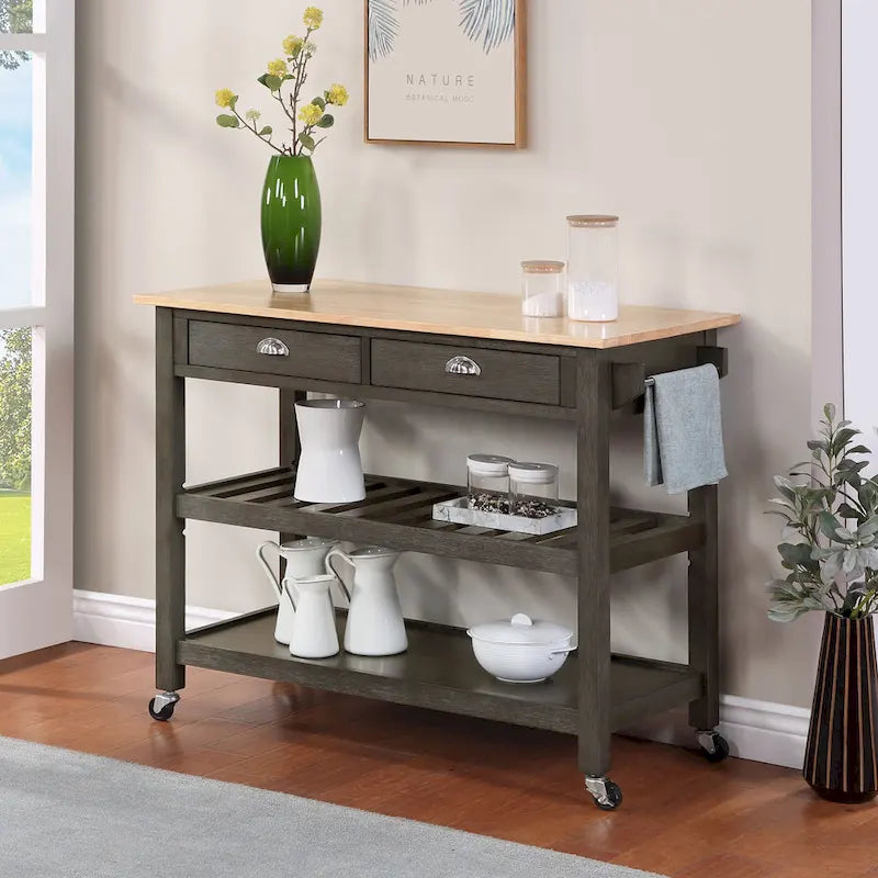 44-Inch Solid Wood Butcher Block Kitchen Cart with Wine Rack