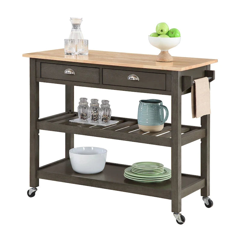 44-Inch Solid Wood Butcher Block Kitchen Cart with Wine Rack
