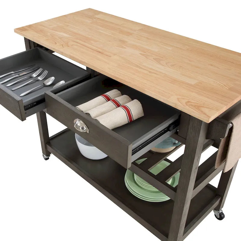 44-Inch Solid Wood Butcher Block Kitchen Cart with Wine Rack