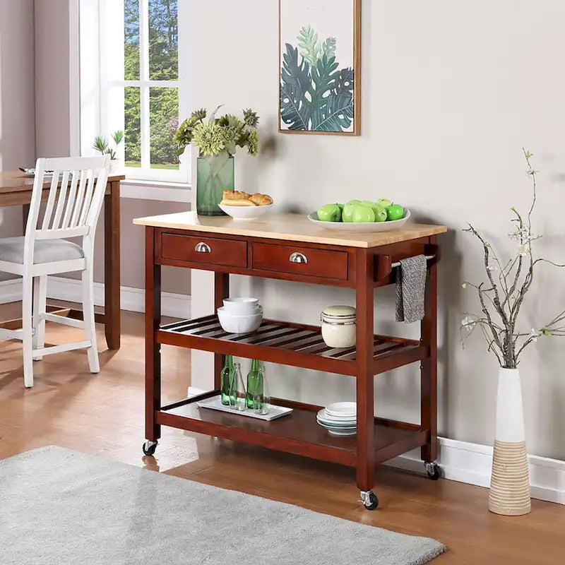 44-Inch Solid Wood Butcher Block Kitchen Cart with Wine Rack
