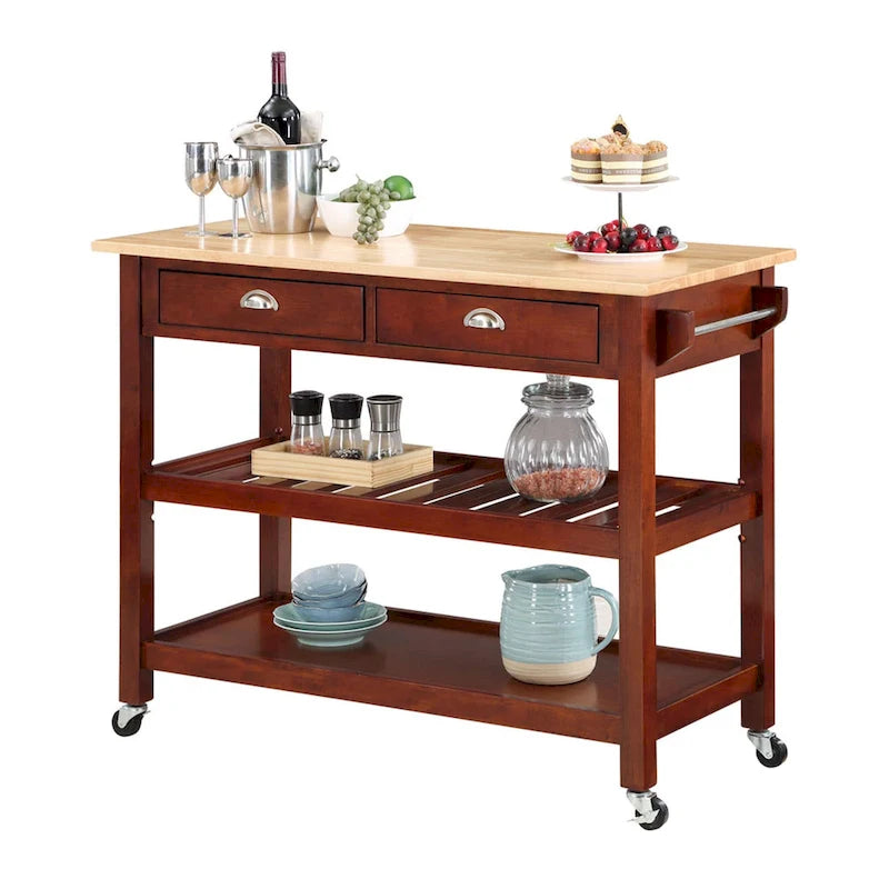 44-Inch Solid Wood Butcher Block Kitchen Cart with Wine Rack