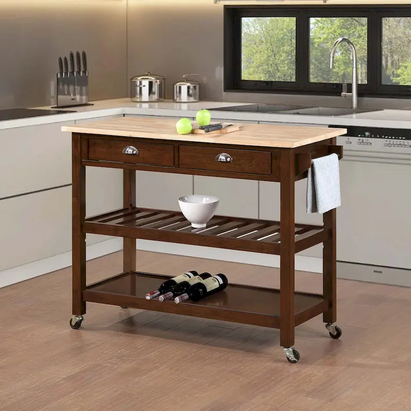 44-Inch Solid Wood Butcher Block Kitchen Cart with Wine Rack