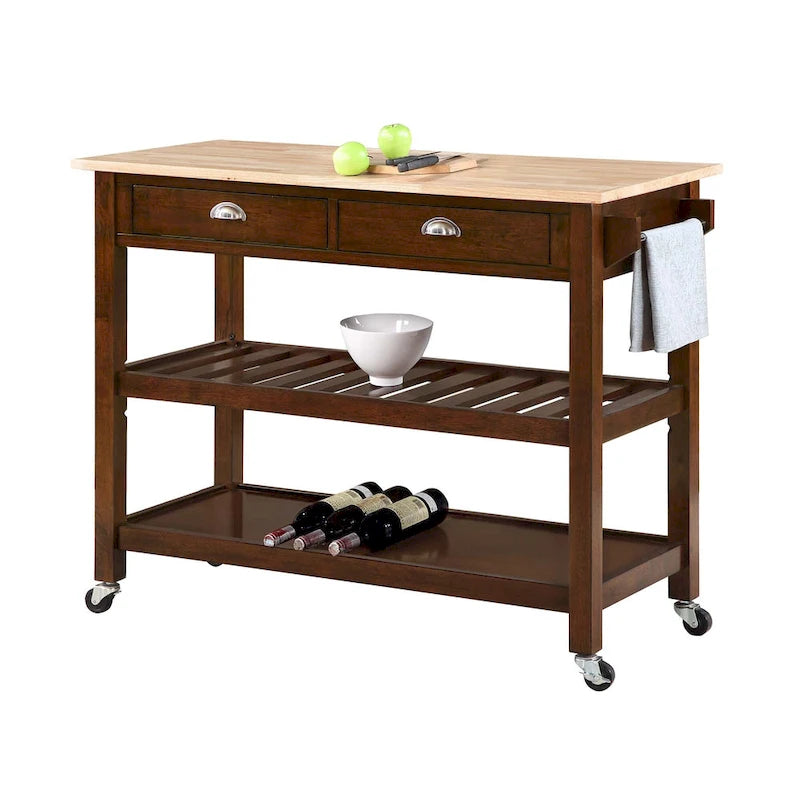 44-Inch Solid Wood Butcher Block Kitchen Cart with Wine Rack