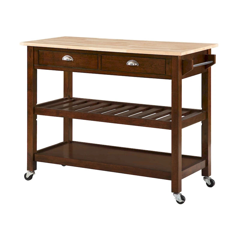 44-Inch Solid Wood Butcher Block Kitchen Cart with Wine Rack