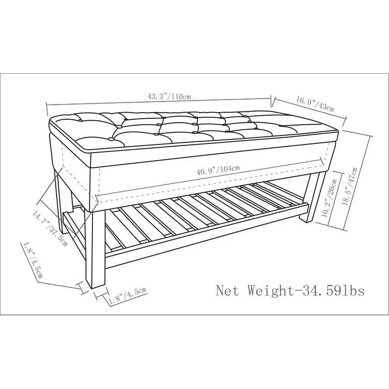 43 Inch Rectangle Storage Ottoman Bench with Tufted Lid and Shelf