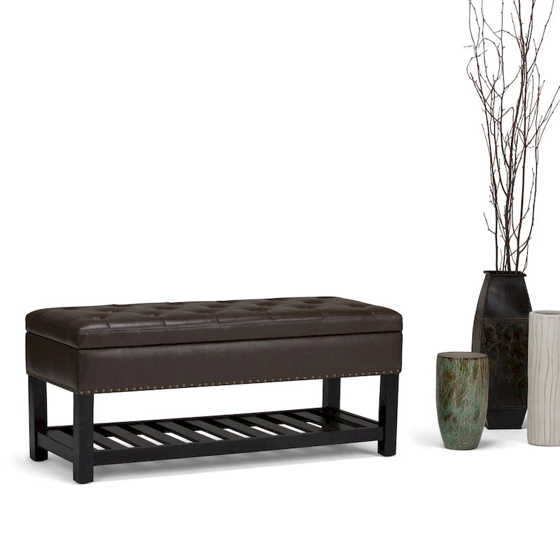 43 Inch Rectangle Storage Ottoman Bench with Tufted Lid and Shelf