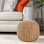 Round Handmade Woven Jute Pouf for Boho Coastal Decor