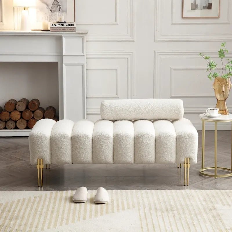 Upholstered Sherpa Sofa Bench with Adjustable Backrest and Gold Legs