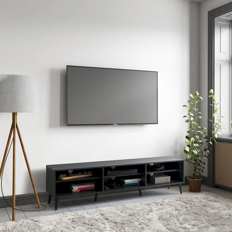 71 Inch Modern TV Bench with Six Open Adjustable Shelf Compartments