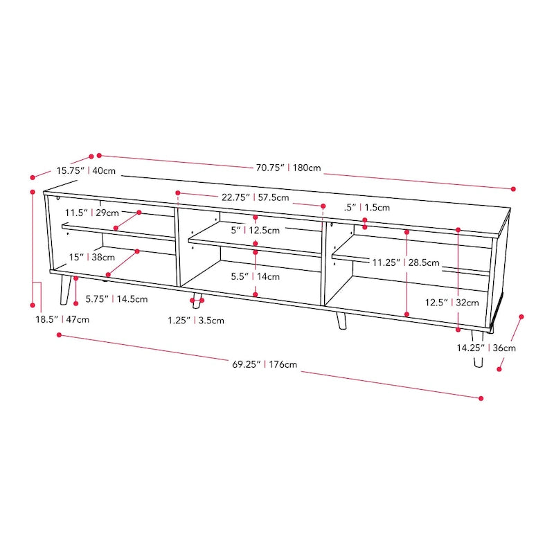 71 Inch Modern TV Bench with Six Open Adjustable Shelf Compartments