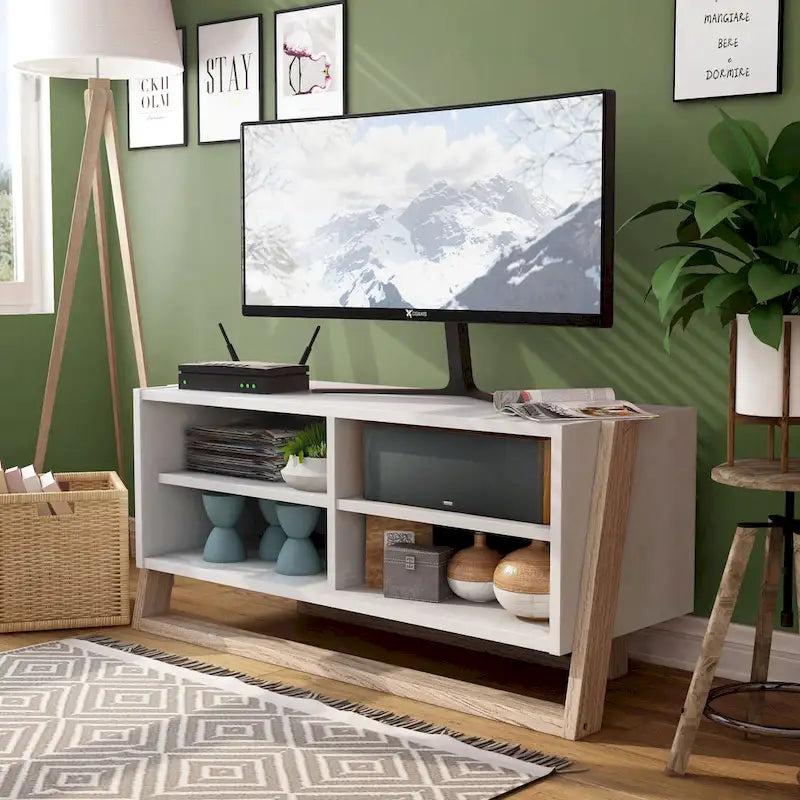 Mid-Century Modern Two-Tone TV Console with Four Open Shelves
