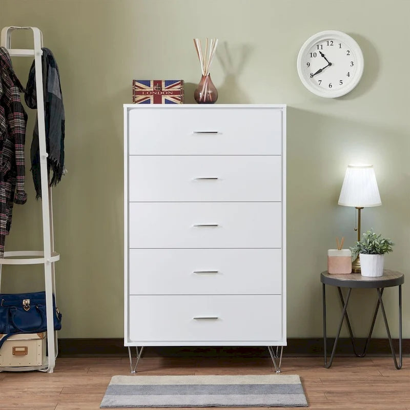 5-Drawer White Dresser Chest with Chrome Metal Legs and Handles