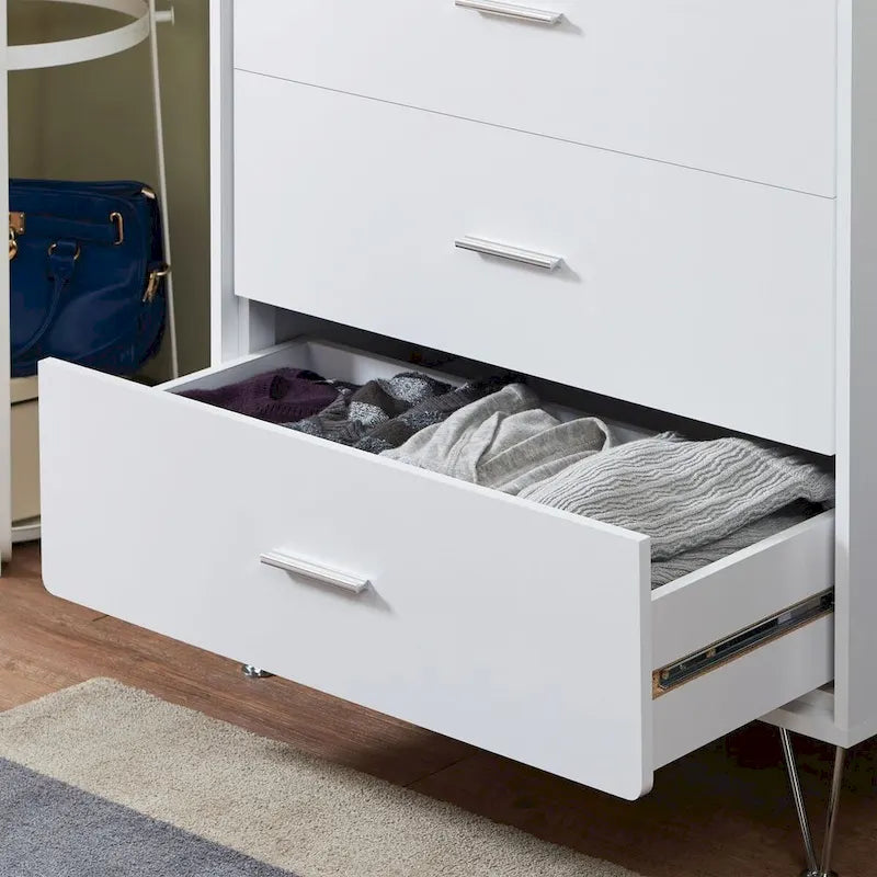5-Drawer White Dresser Chest with Chrome Metal Legs and Handles