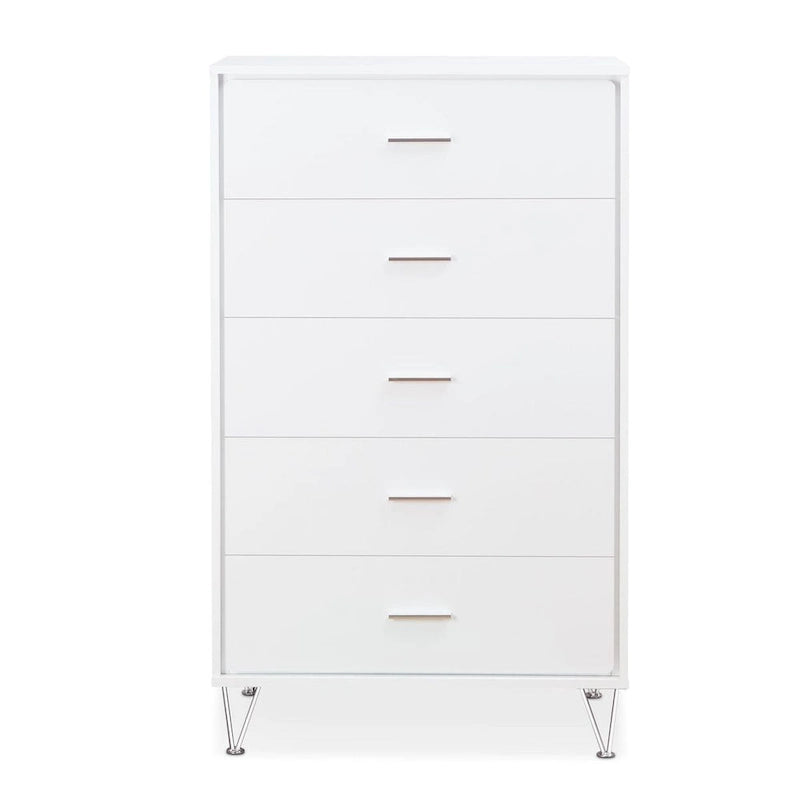 5-Drawer White Dresser Chest with Chrome Metal Legs and Handles