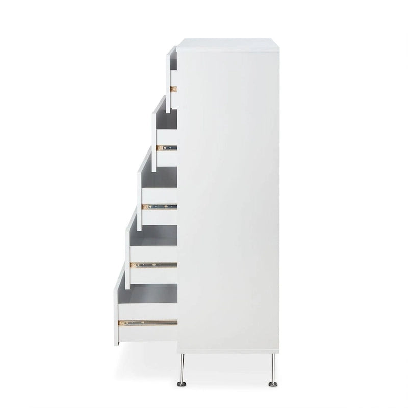 5-Drawer White Dresser Chest with Chrome Metal Legs and Handles