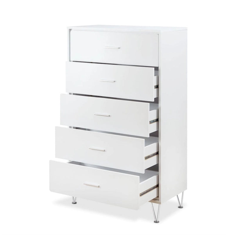 5-Drawer White Dresser Chest with Chrome Metal Legs and Handles