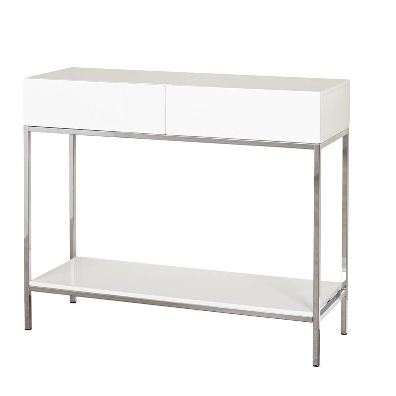 White High Gloss Console Table with Chrome Frame and Two Drawers